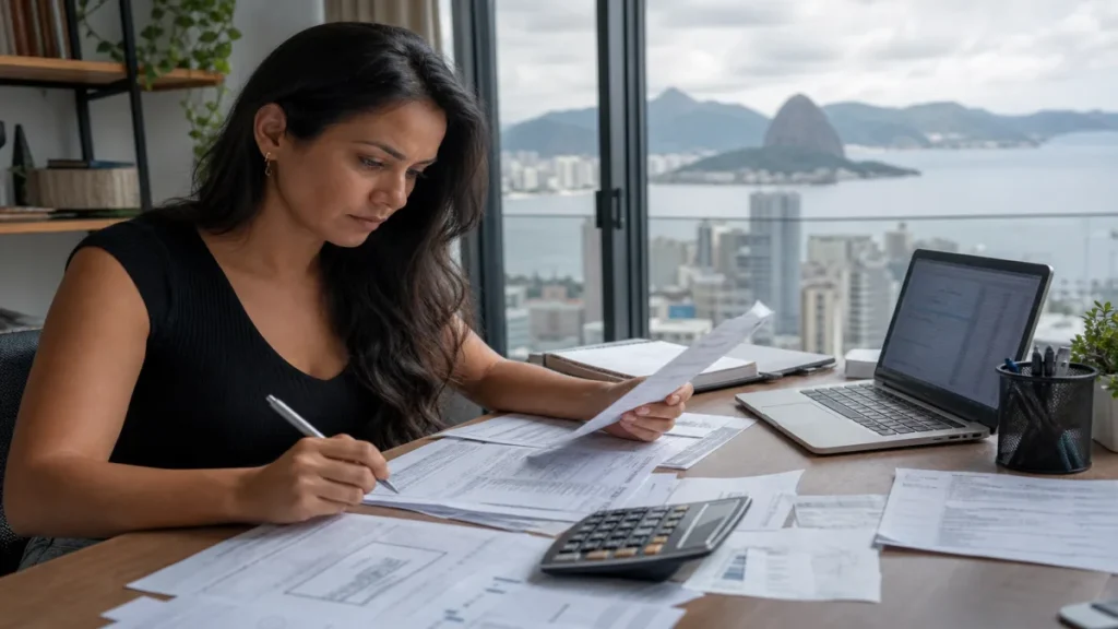 Especialista revisando documentos de consultoria especializada relacionados à contabilidade para mei em mesa de trabalho.