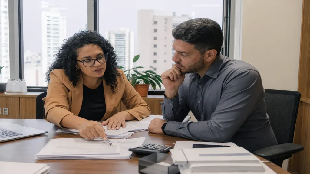 Equipe discutindo gestão financeira eficiente como parte da estratégia de contabilidade para mei em reunião.