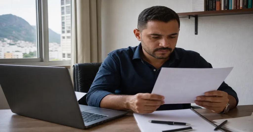 Especialista revisando documentos de simplificação na gestão de negócios relacionados à vantagens de ser MEI em mesa de.