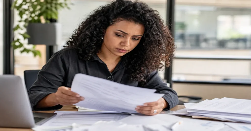 Profissional revisando documentos para auditoria contábil para MEIs em um escritório no Rio de Janeiro.
