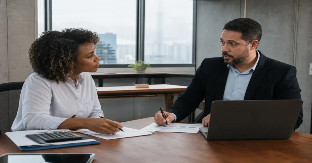 Equipe discutindo vantagens da auditoria contábil para meis como parte da estratégia de auditoria contábil para MEIs em.