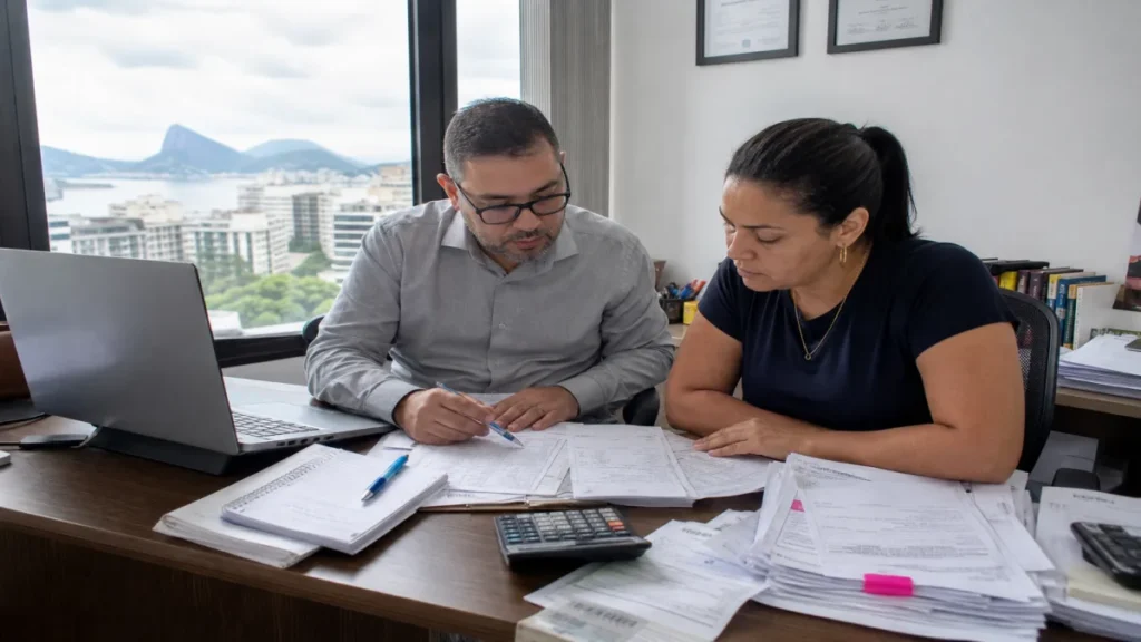 Especialista revisando documentos de multa por declaração anual entregue fora do prazo relacionados à MEI com pendência.