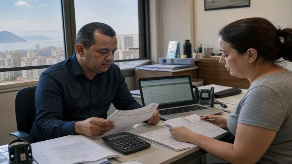 contador orienta microempreendedora com MEI com pendência em mesa com guias DAS e notebook em Niterói