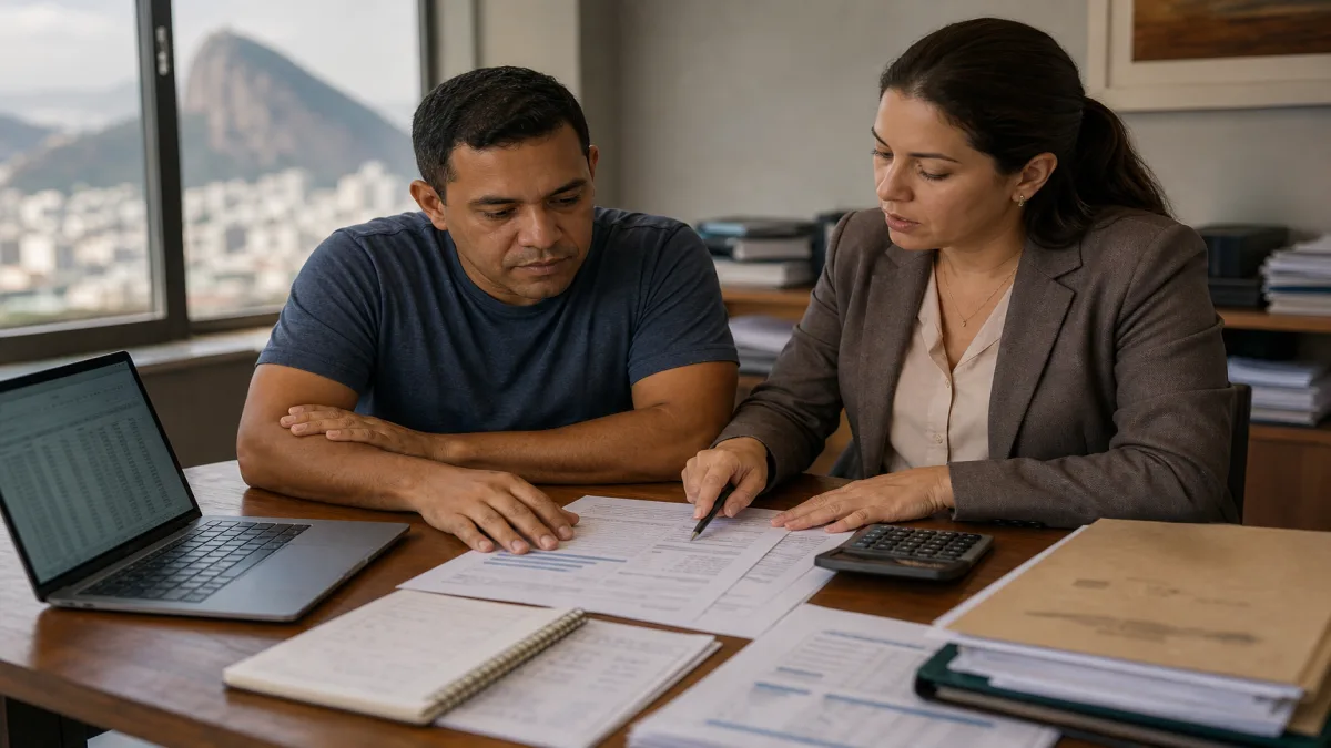 empreendedor com contadora analisando MEI versus Simples Nacional em mesa com notas fiscais e calculadora