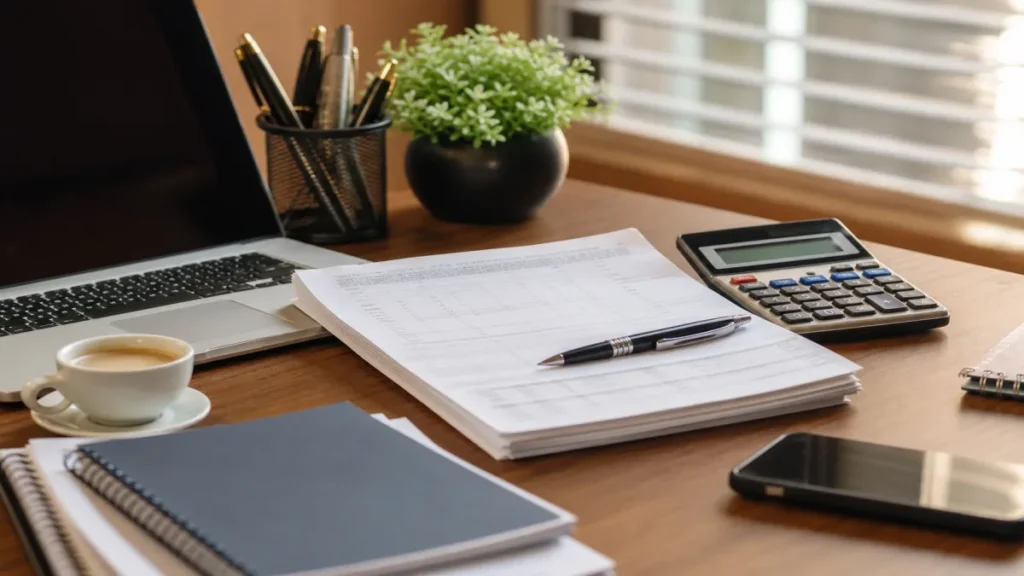microempreendedor conferindo a obrigação mensal do MEI no notebook com guia DAS e calculadora sobre a mesa