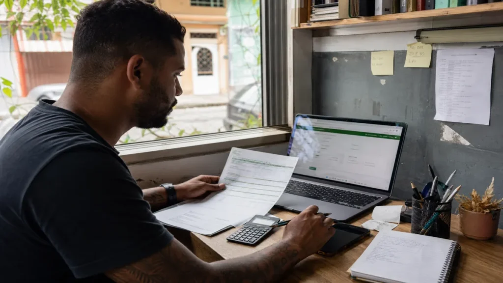 Especialista revisando documentos de como organizar vários meses em aberto relacionados à obrigação mensal do MEI em mesa.