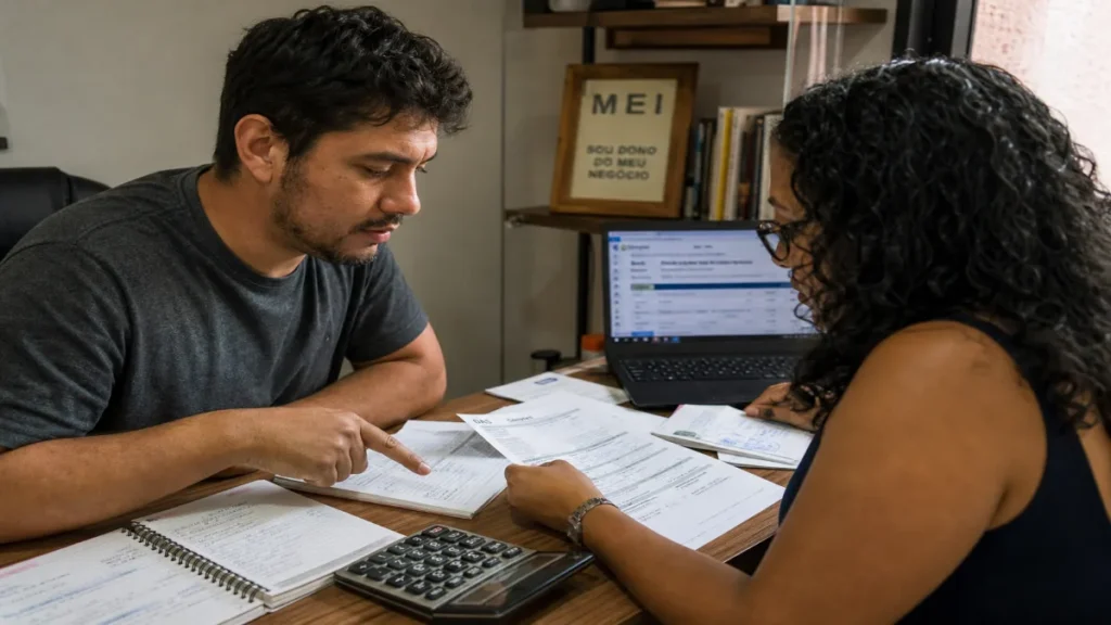 microempreendedor analisando documentos com contabilidade MEI no RJ em mesa de trabalho com notas e calculadora