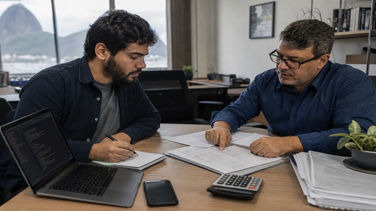 programador analisando abertura de CNPJ com contadora, MEI para programador em escritório no Rio de Janeiro