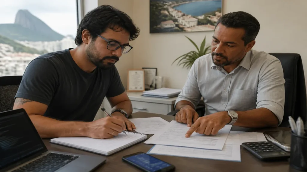 Especialista revisando documentos de como emitir nota fiscal e manter o mei regular relacionados à MEI para programador.