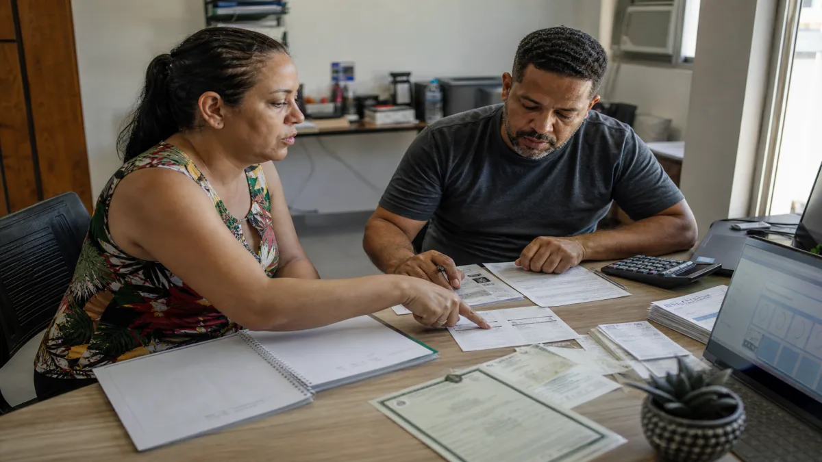empreendedora conferindo documentos e guias na regularização do MEI com notebook e comprovantes sobre a mesa