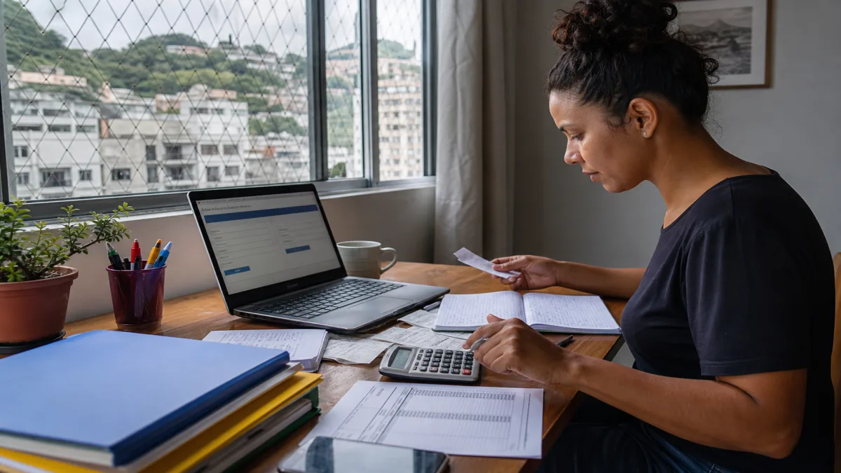 Microempreendedora organizando documentos e usando calculadora enquanto envia declaração anual do MEI no notebook