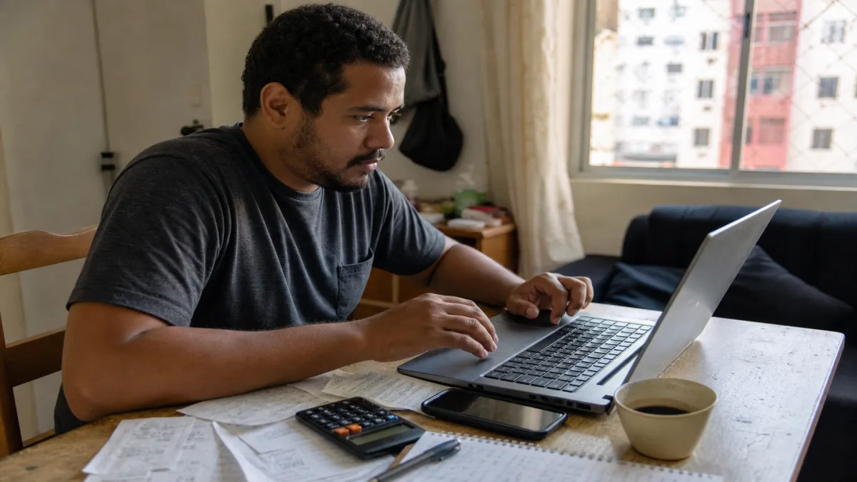 Microempreendedor revisando a Declaração Anual do MEI no notebook, cercado por recibos e um celular