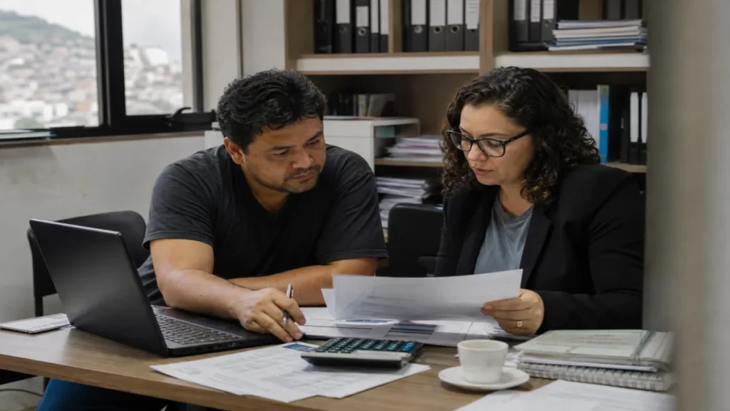 Empreendedor e contadora analisam planilhas de MEI em escritório, com laptop e calculadora à mesa de MEI ou Simples Nacional.