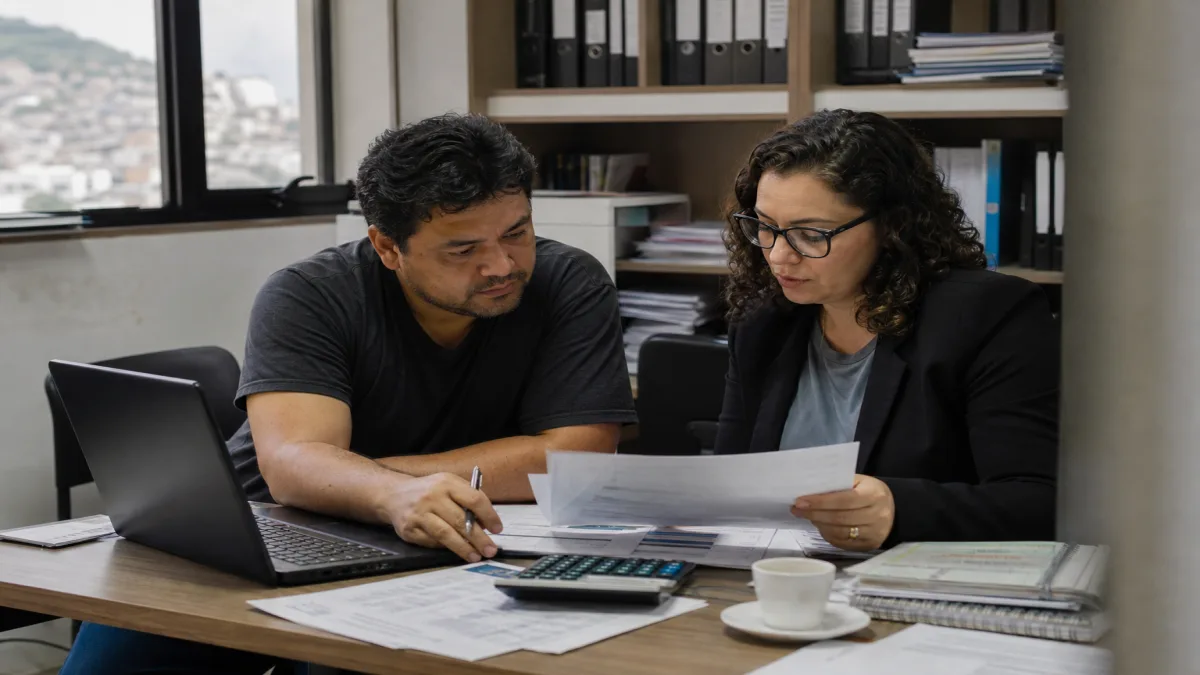 Empreendedor e contadora analisam planilhas de MEI em escritório, com laptop e calculadora à mesa de MEI ou Simples Nacional.