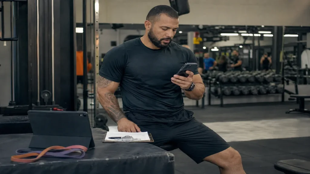 Personal trainer analisa opções de MEI no celular enquanto organiza treino na academia de MEI para personal trainer.