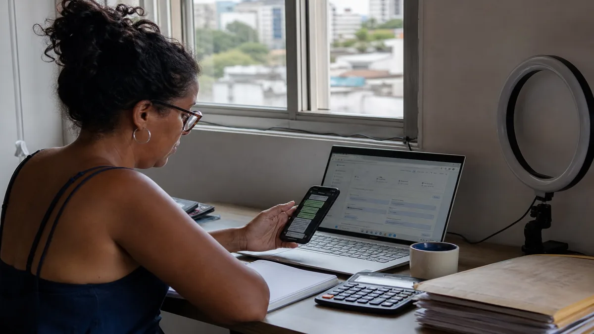 contador para MEI: Microempreendedora em Niterói analisando a emissão de nota fiscal com contador durante atendi.