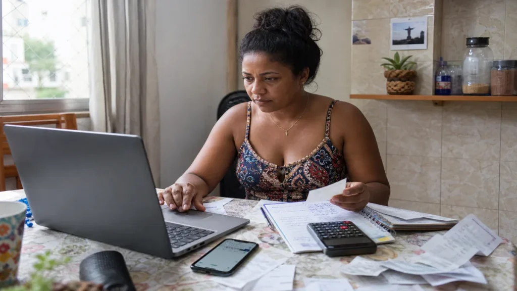 MEI para pequena empresa: Empreendedora revisa cadastro de MEI no notebook, cercada por notas fiscais e guia DAS.