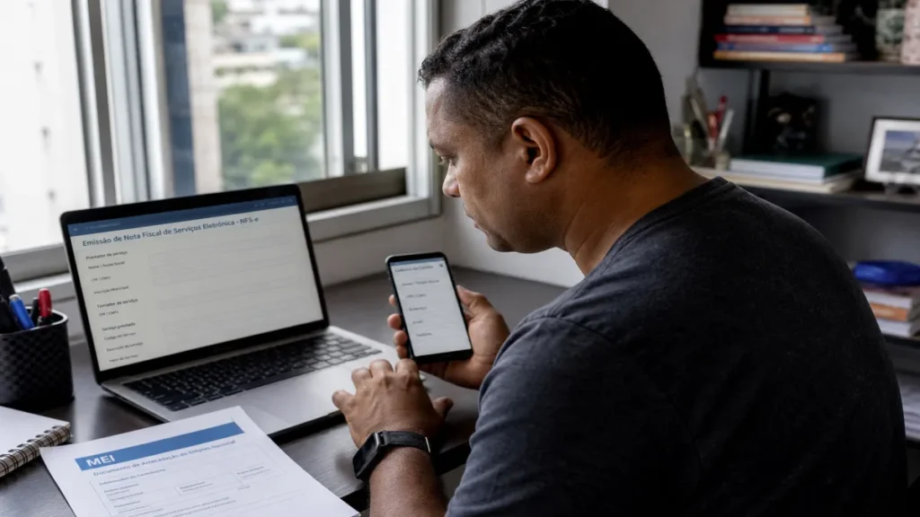 nota fiscal para MEI: Microempreendedor acessa nota fiscal no celular enquanto verifica informações no computado.