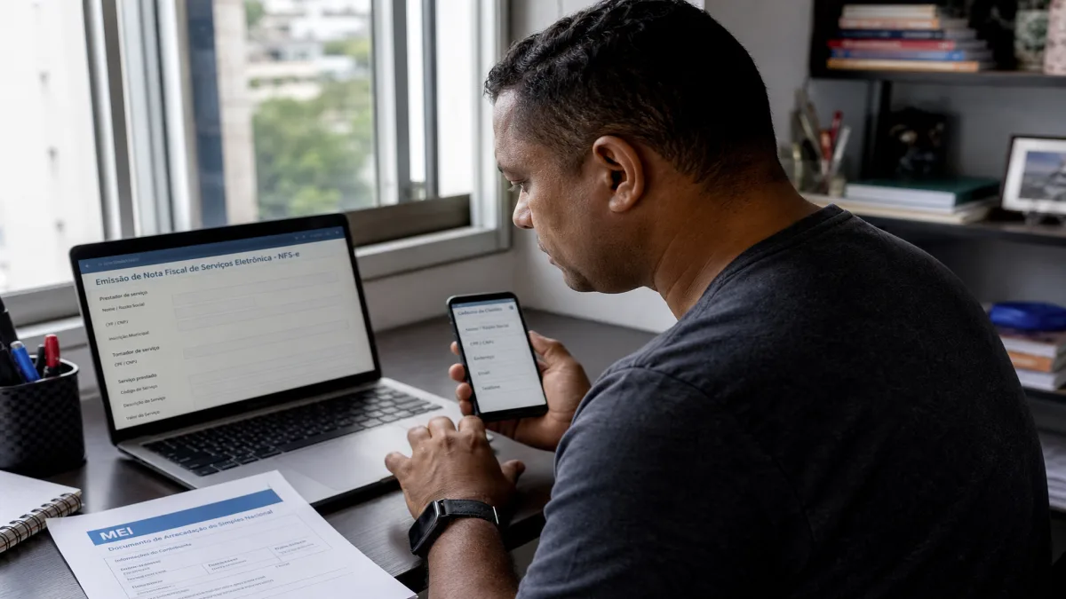nota fiscal para MEI: Microempreendedor acessa nota fiscal no celular enquanto verifica informações no computado.
