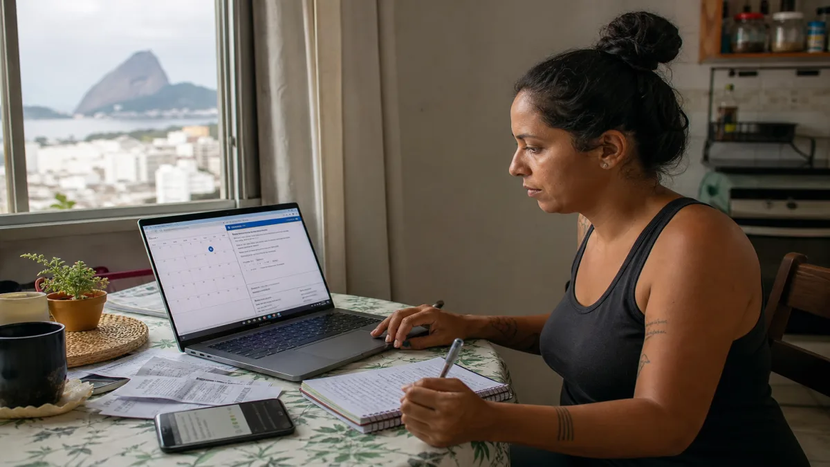 serviço contábil para MEI: Microempreendedor revisa calendário fiscal em notebook com guia DAS e anotações, vist.